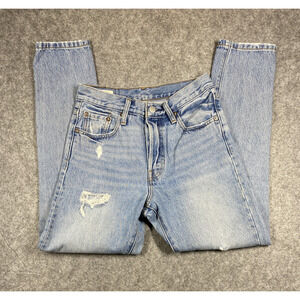 Levis 501 Jeans Womens 25x28 Blue Distressed Button Fly High Rise Denim Pants